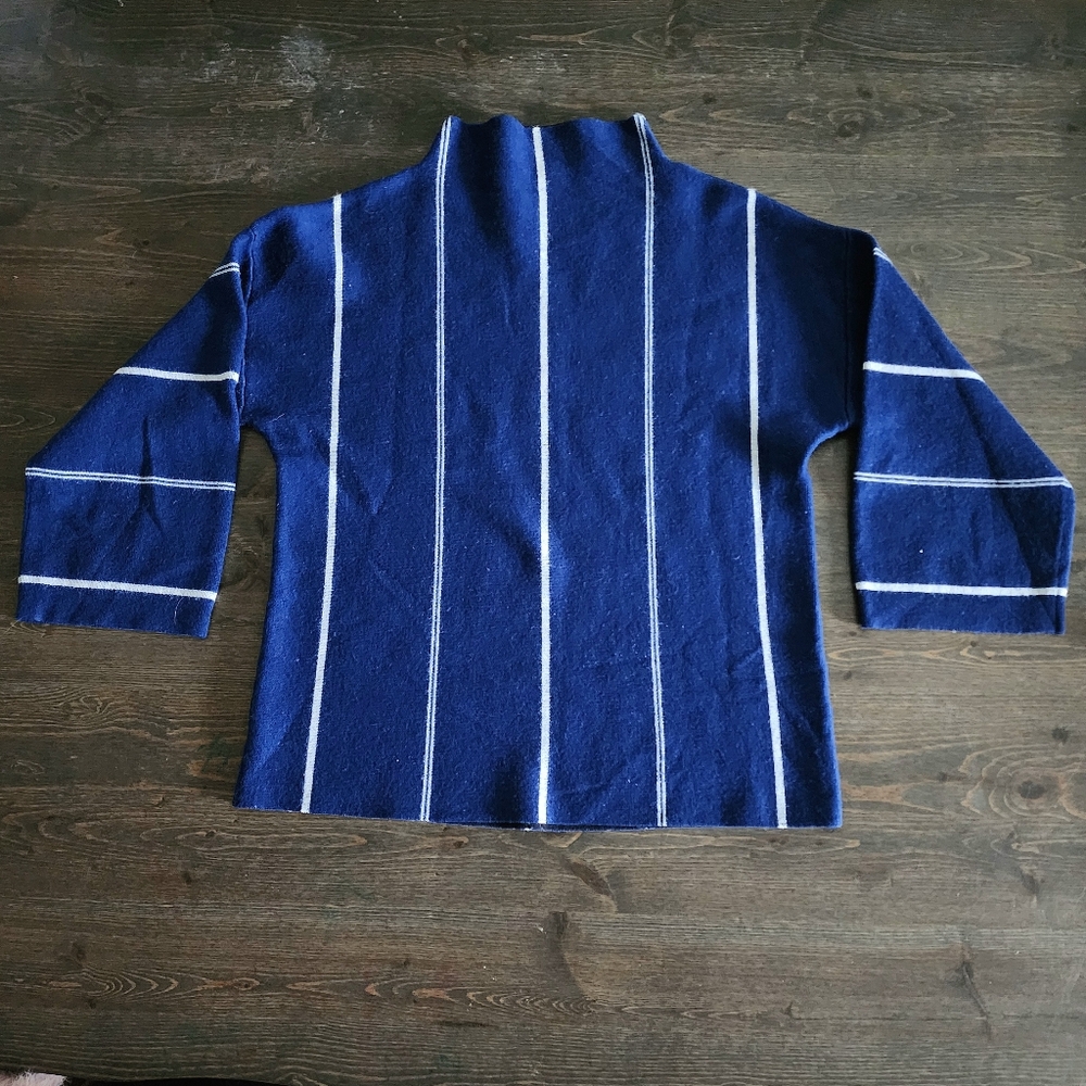 JIGSAW UK Blue with White Stripes 3/4 Sleeve Soft Wool Mockneck Sweater, size XS